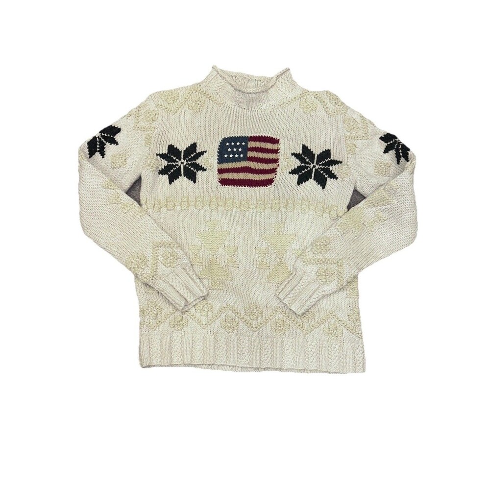 RARE Vtg 90s Ralph Lauren Polo Sport Nordic Aztec American Flag Sweater S
